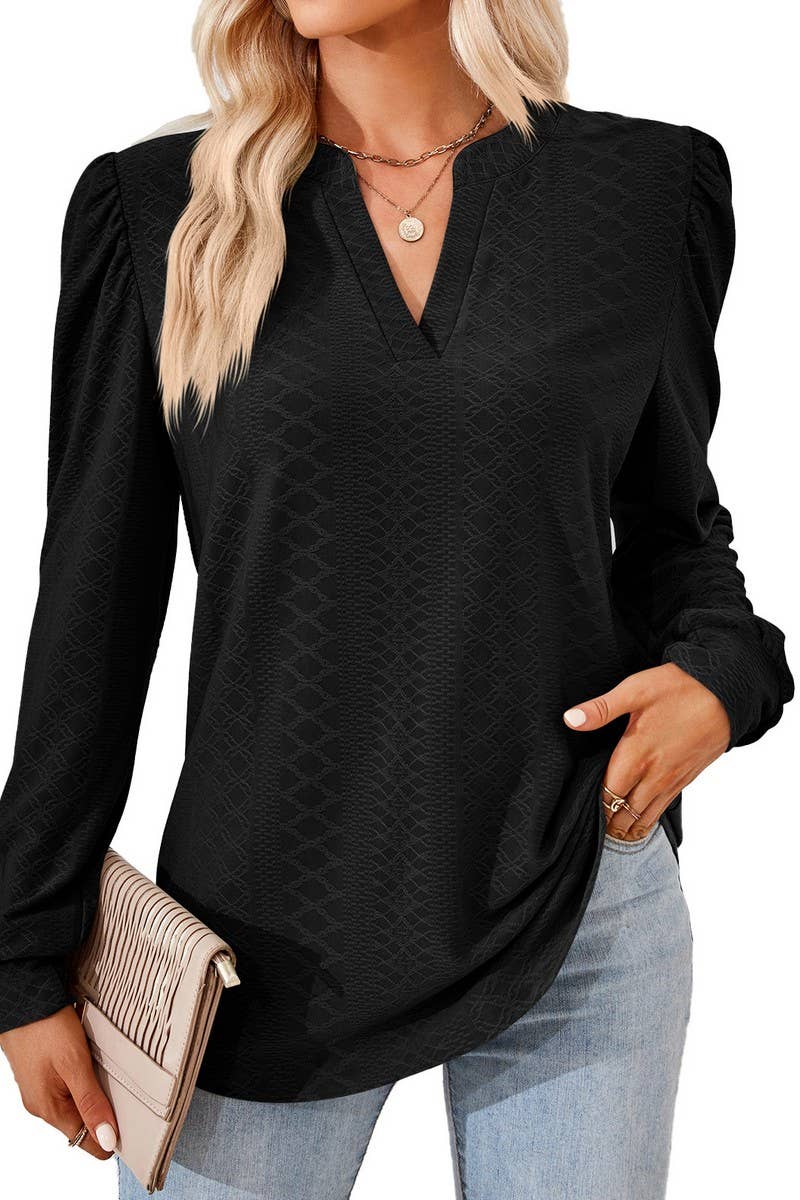 CWTBLL2374_SOLID COLOR V-NECK JACQUARD LONG-SLEEVED TOP