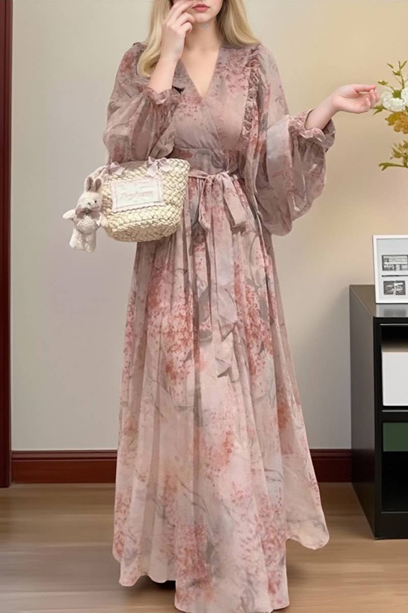 CWDMD01226_FLORAL LANTERN SLEEVE WAIST TIE MAXI DRESS