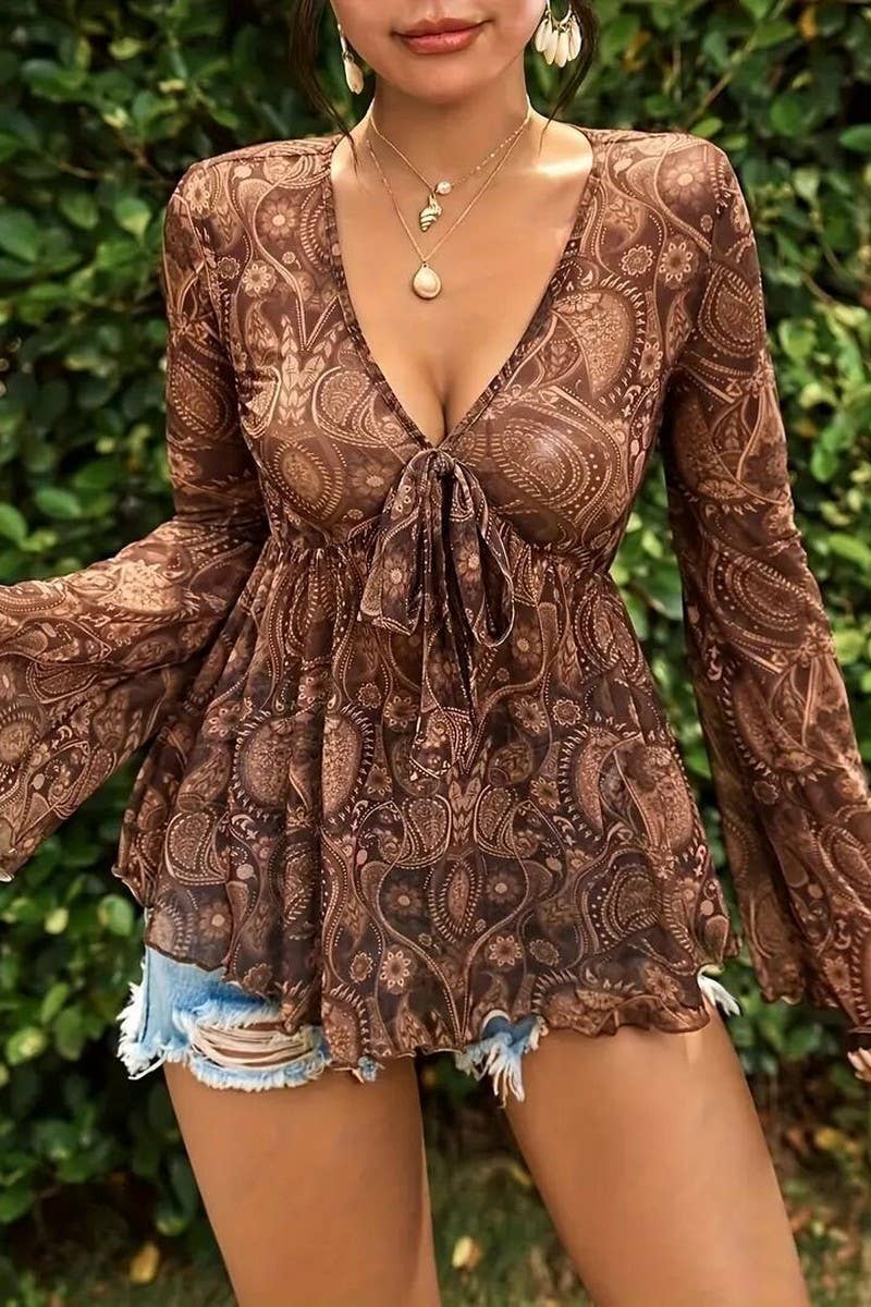 CWTBLL3892_MESH PRINT DEEP V NECK SLIM FIT LONG SLEEVE TOP