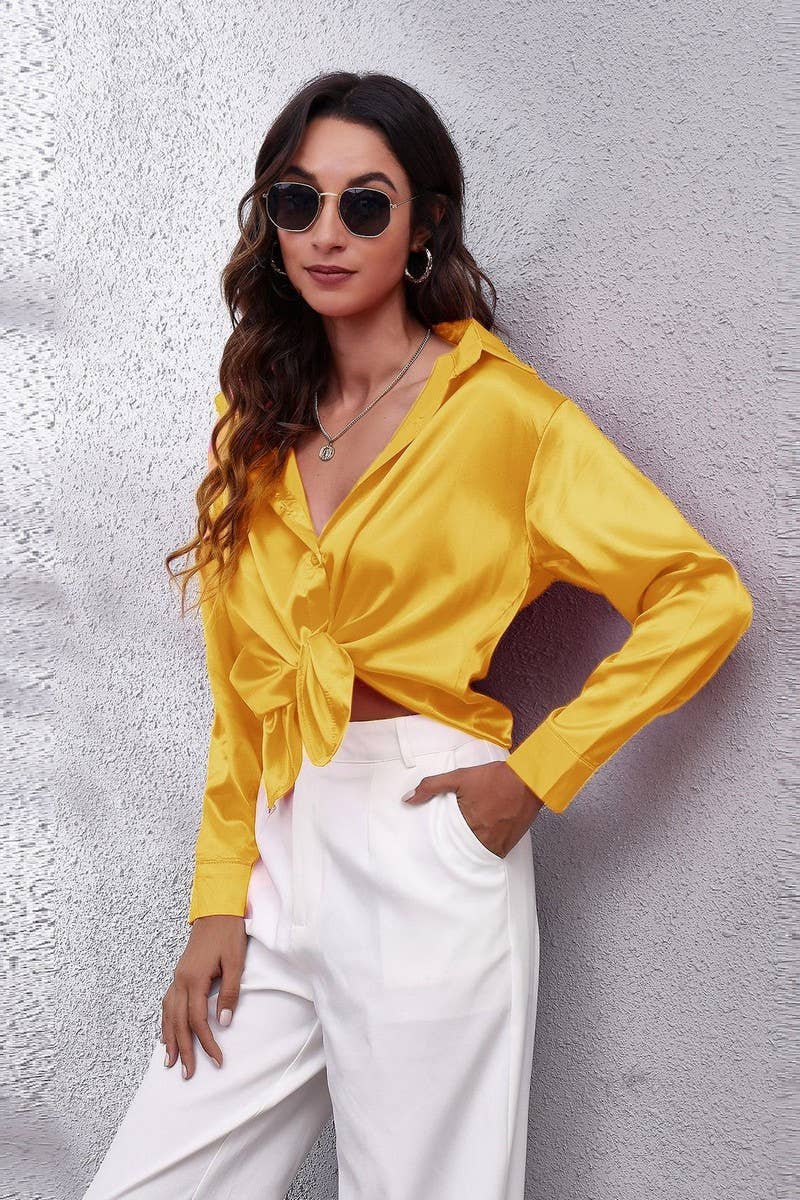 CWTBLL0691_Button Down Silky Satin Long Sleeve Top