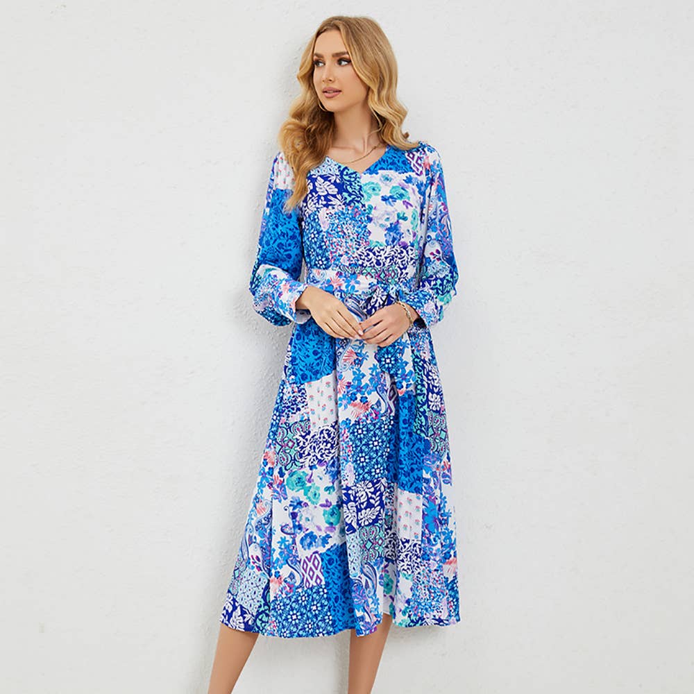 ABSTRACT PRINTED BELT A-LINE LONG-SLEEVED DRESS