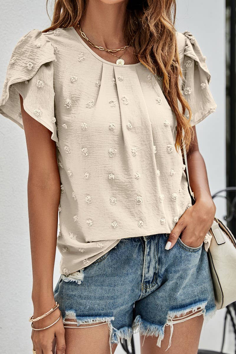 CWTBLS0342_Round neck Short Puff Sleeve Blouse