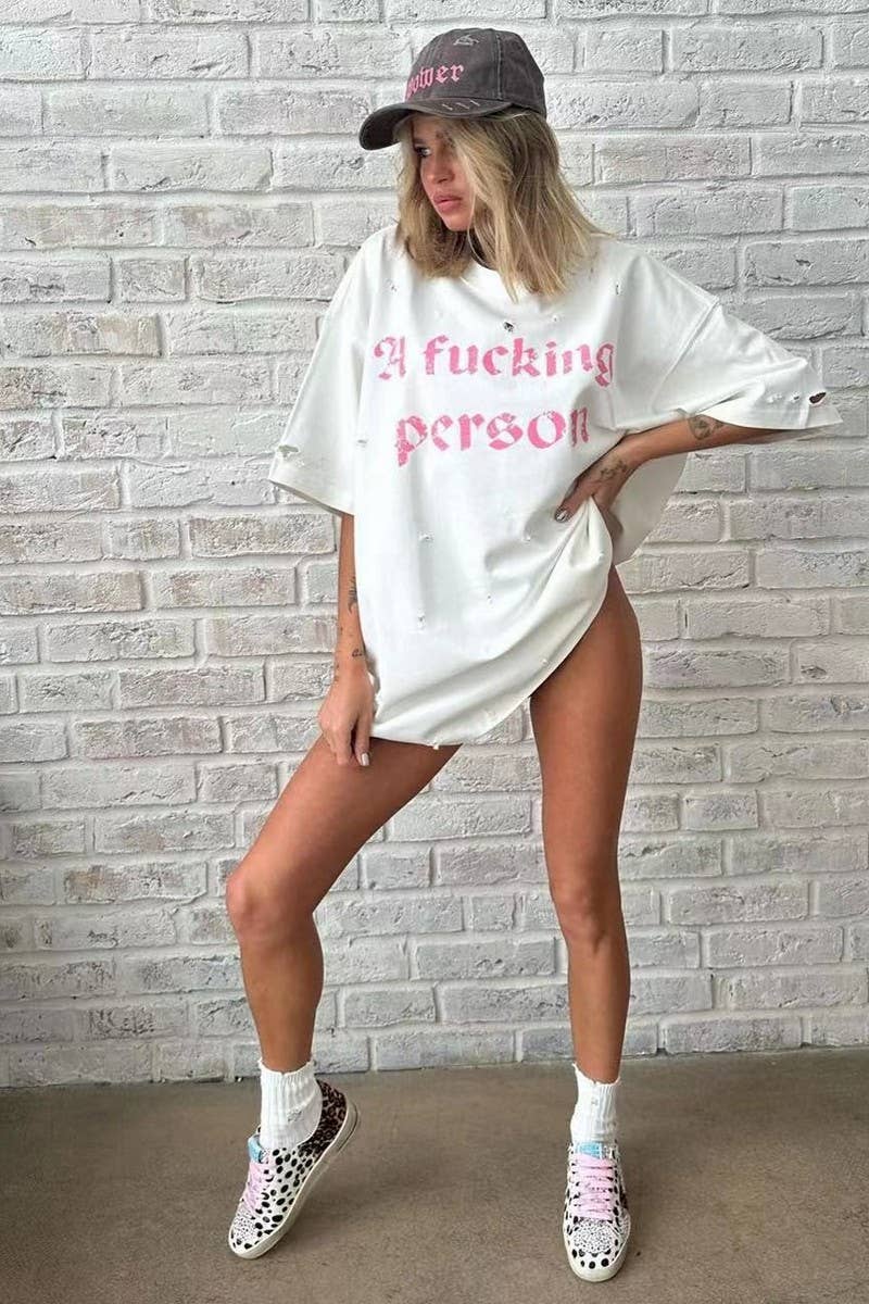 CWTTS1287_LETTER PRINT RIPPED STYLE MID-LENGTH SHORT SLEEVE