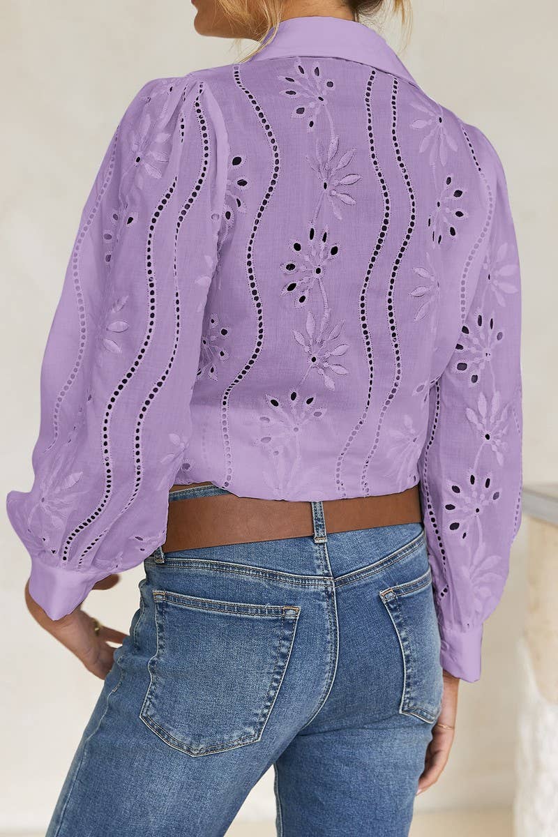 CWTSTL01000_CASUAL LOOSE HOLLOW OUT PUFF SLEEVE  TOP