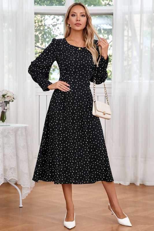 CWDMD3989_SMALL FLORAL ROUND NECK TIE LONG SLEEVE DRESS