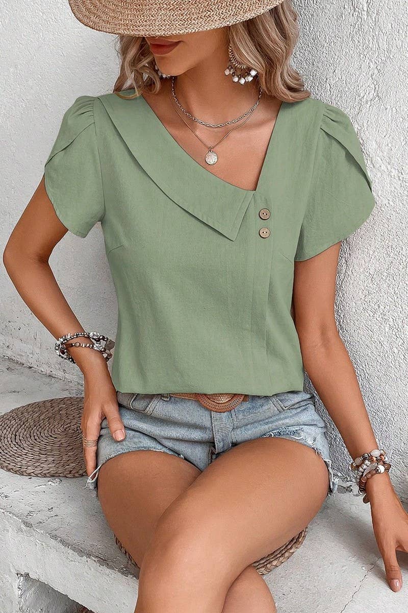 CWTBLS1824_SUMMER SMALL SLANT COLLAR DESIGN SOLID COLOR TOP