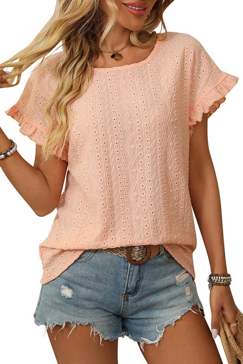 CWTBLS1710_SOLID COLOR ROUND NECK SHORT SLEEVE HOLLOW TOP