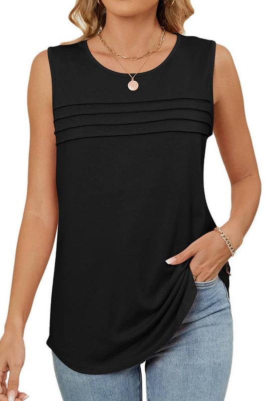 CWTBLSL0971_RUCHED SLEEVELESS CREWNECK SOLID TANK TOP