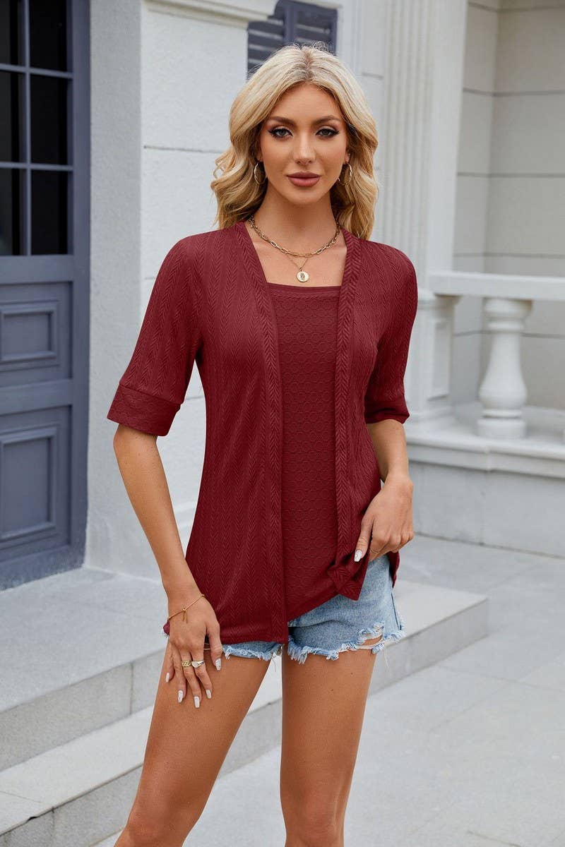 CWTBLS0441_Short Sleeve Tops Fake Two Pieces Pullover Blouse