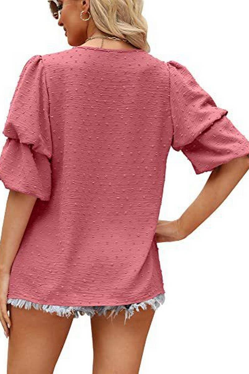 CWTBLS02488_V-NECK LANTERN SLEEVE DOT CHIFFON TOP