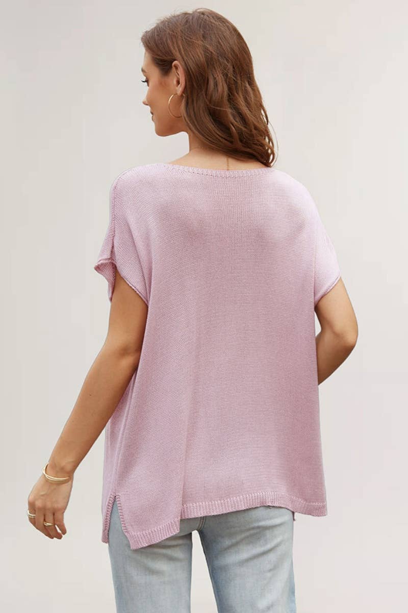 CWTBLS0744_KNIT V-NECK SOLID COLOR SPLIT SHORT-SLEEVED TOP