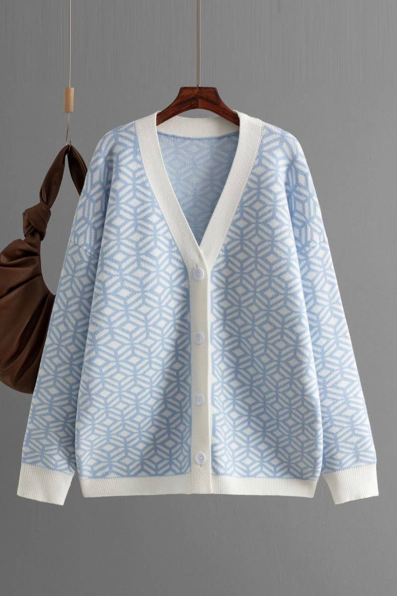 CWOCAL00674_V NECK HOUNDSTOOTH COLORBLOCK LONG CARDIGAN