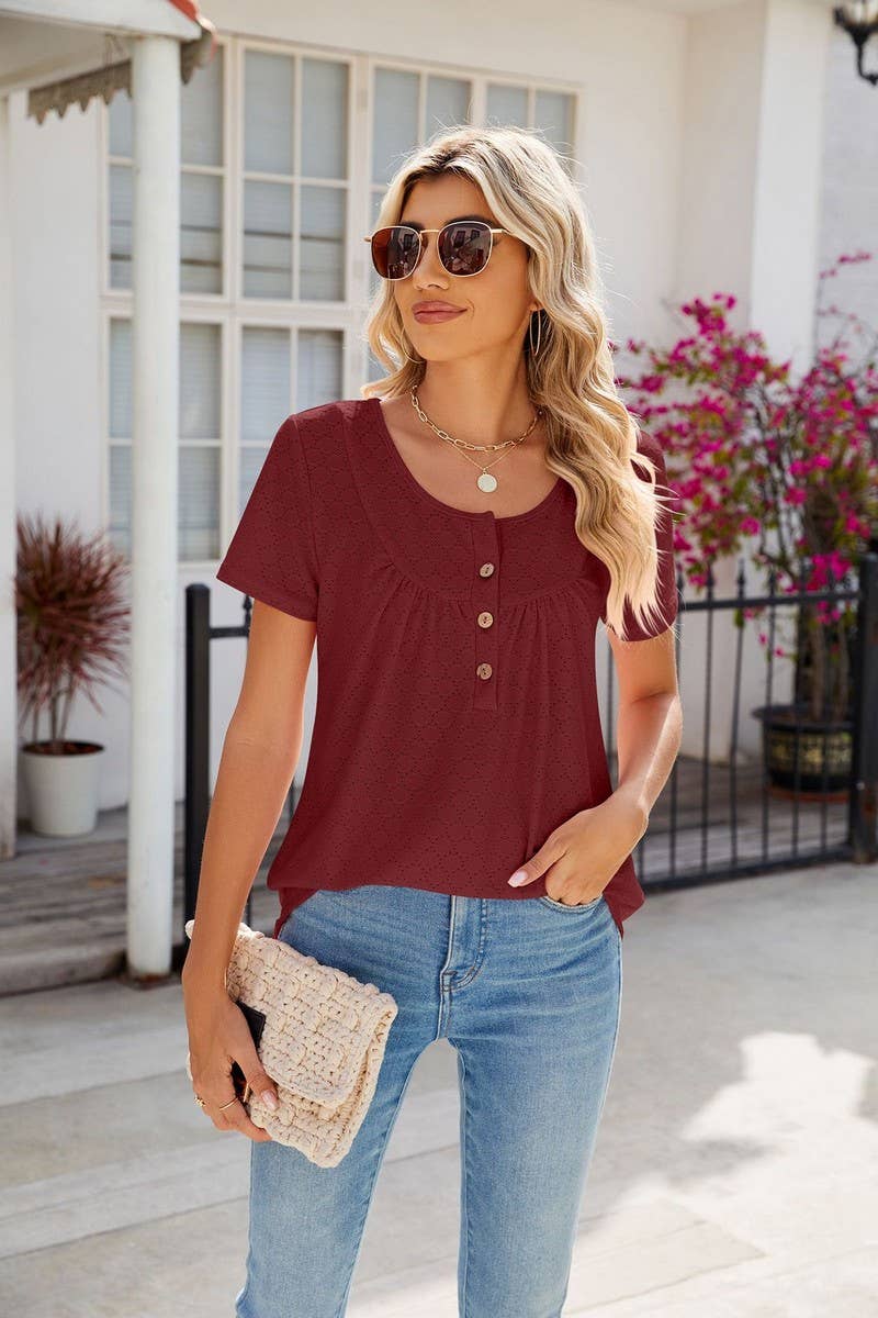 CWTBLS0435_Round Neck Short Sleeve Blouse