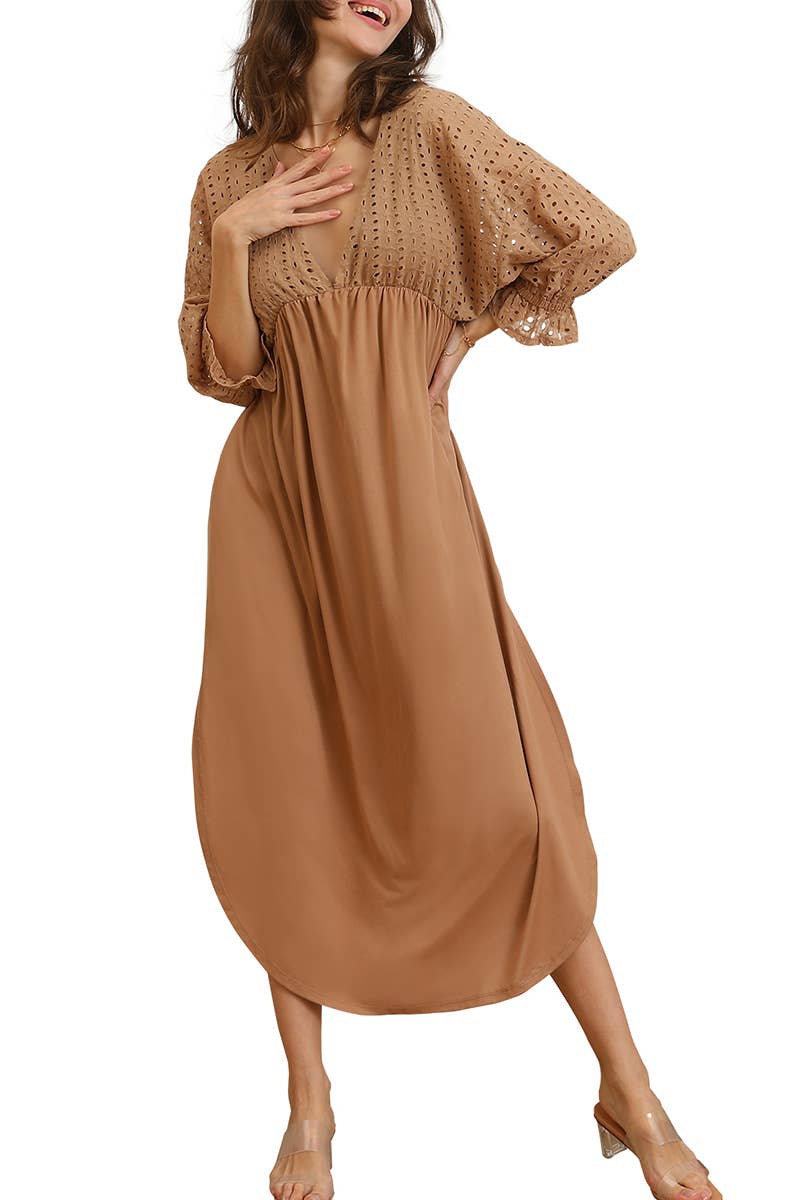 CWDMD795_3/4 SLEEVE V NECK LONG DRESS