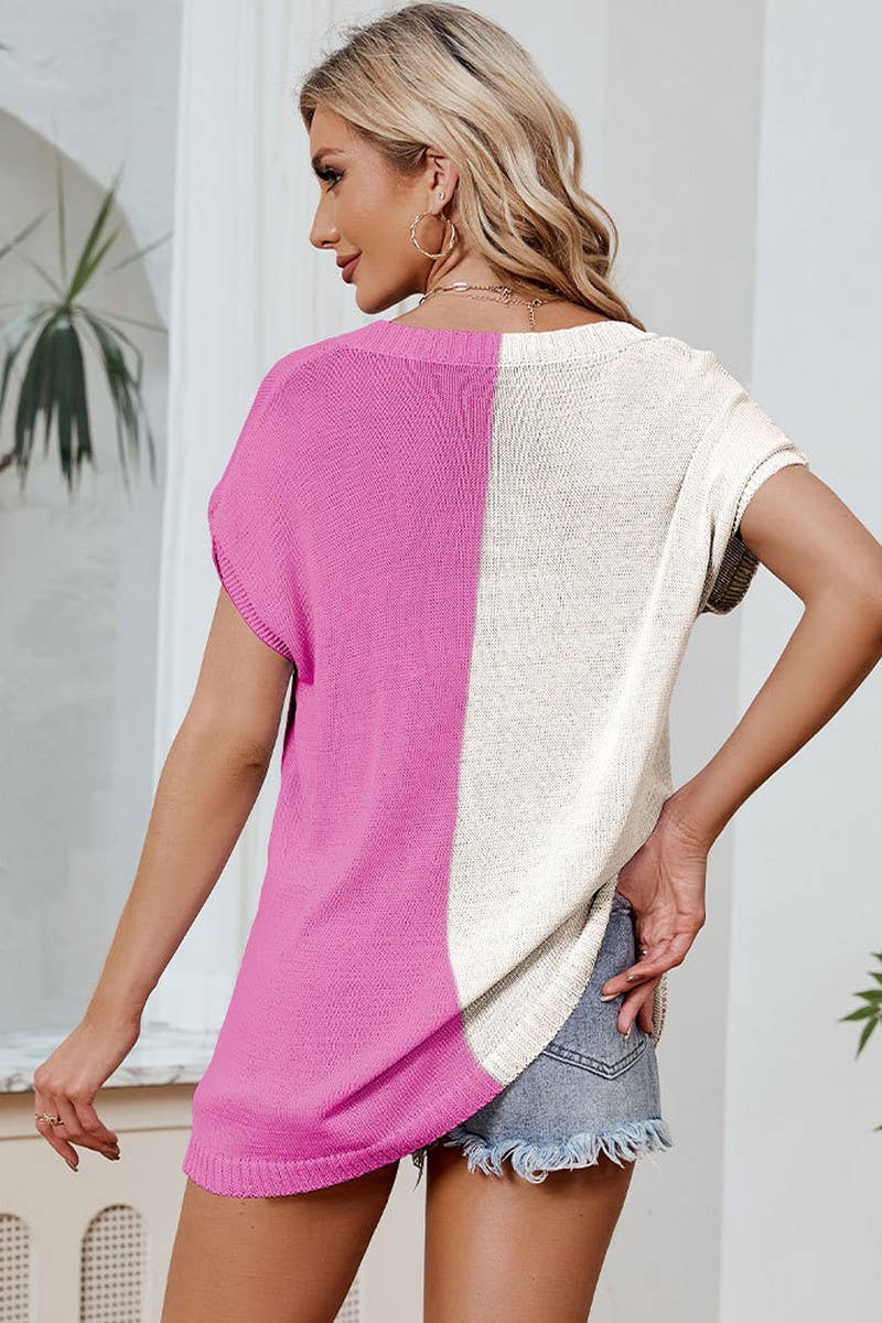 CWOSWSL0049_V Neck Loose Short Sleeve Sweater