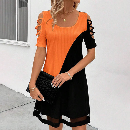 Color matching hollow mesh stitching dress