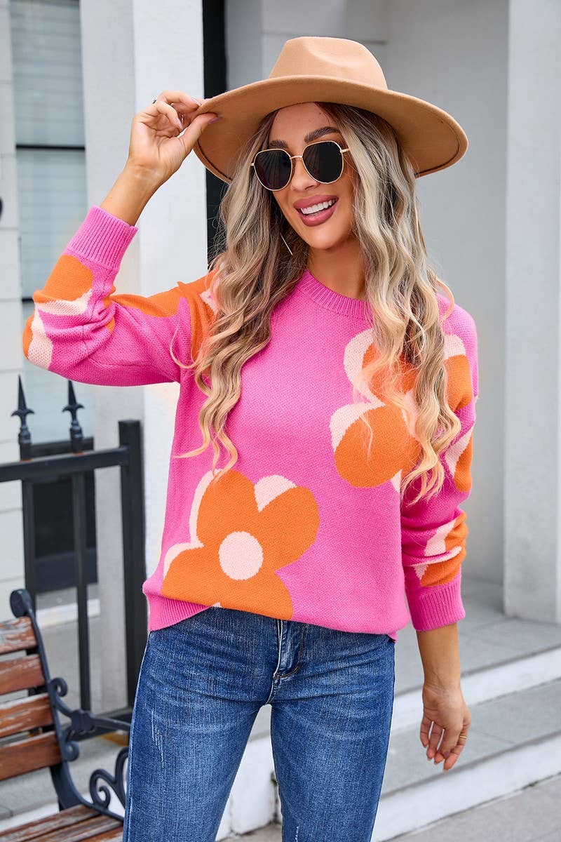 CWOSWL3067_LARGE FLOWER PRINT CREW NECK KNITTED SWEATER