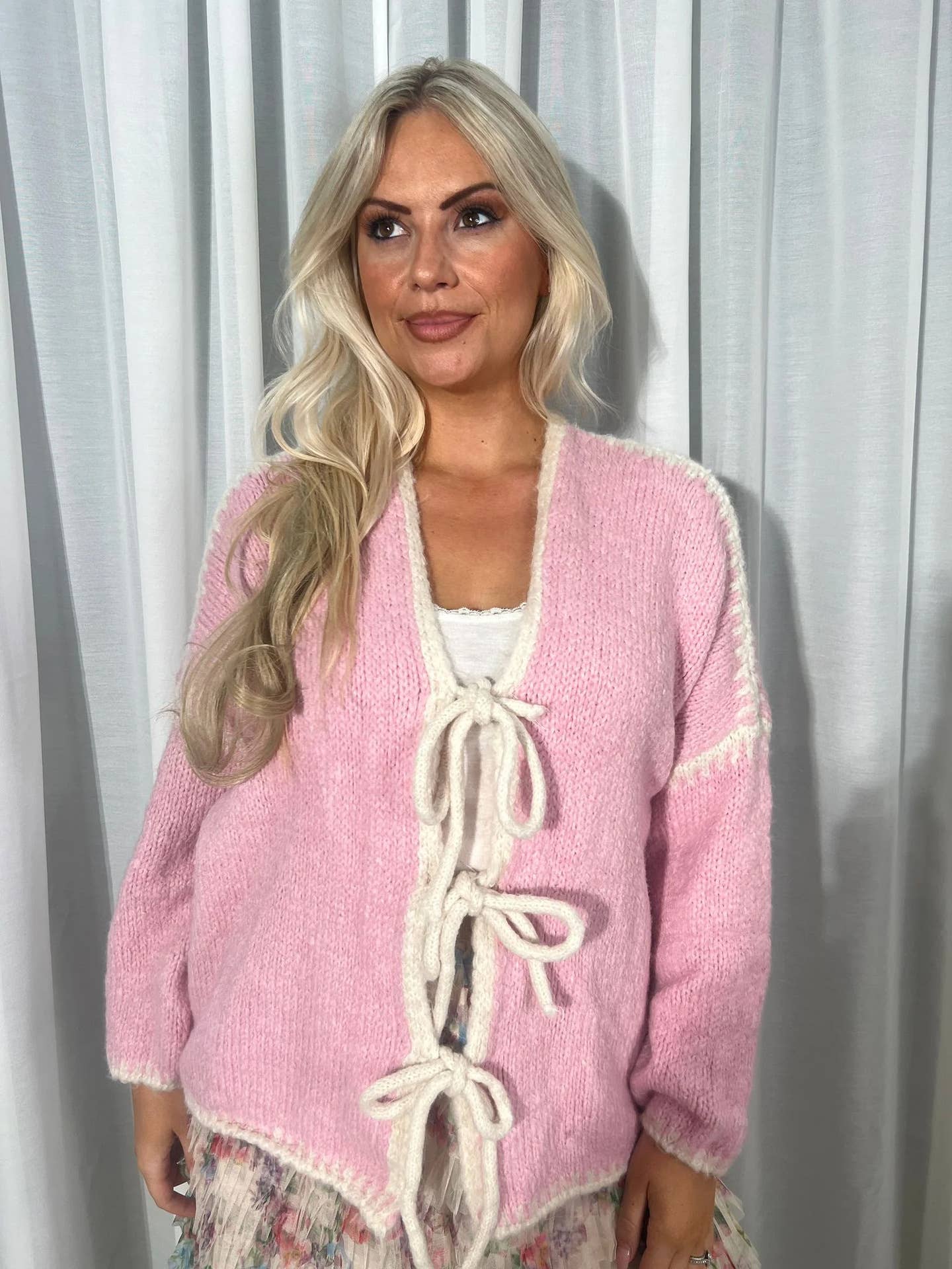 Color-blocking bow knitted cardigan