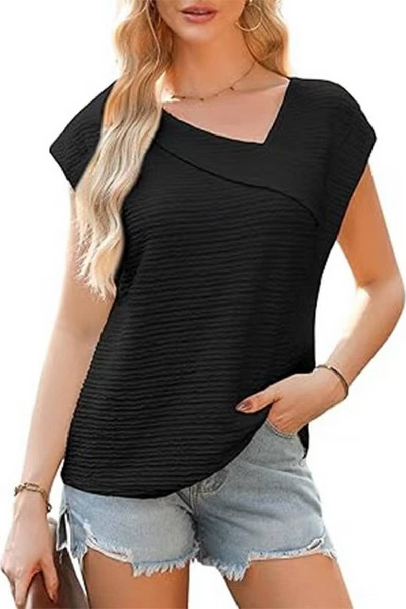 CWTBLS2192_SOLID ONE SHOULDER CASUAL SHORT SLEEVE TEE
