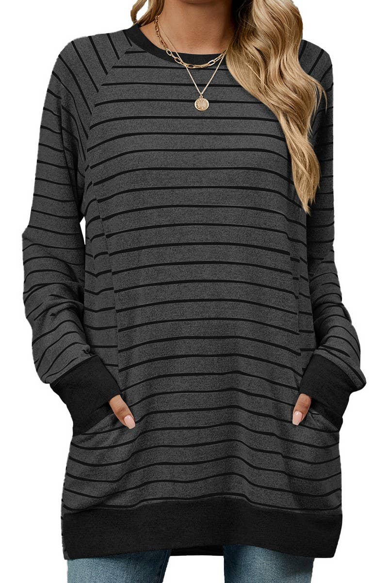 CWTBLL1217_STRIPED CONTRAST POCKET MID-LENGTH SWEATSHIRT