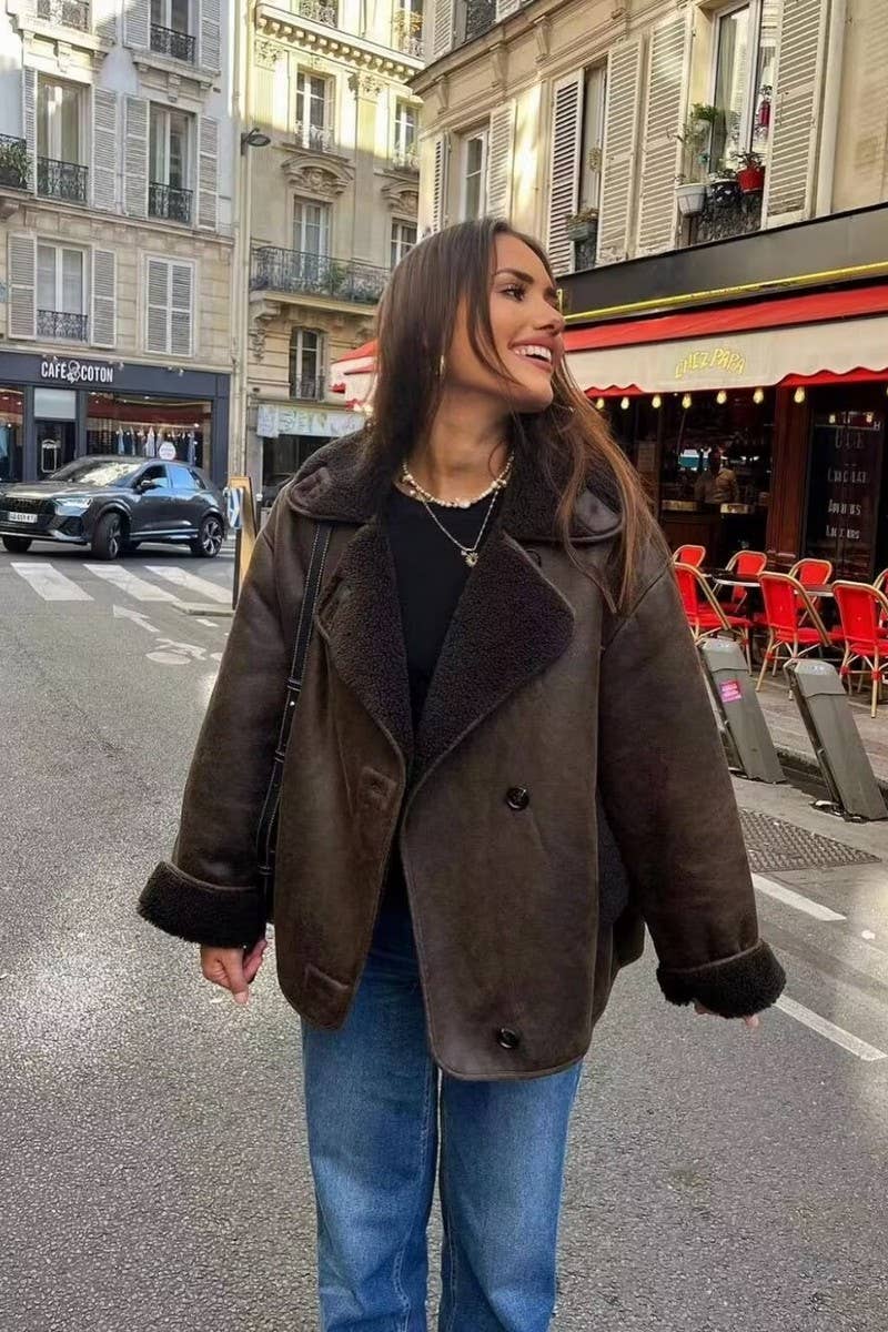 CWOCO1064_SOLID COLOR LOOSE LAMB WOOL LAPEL COAT