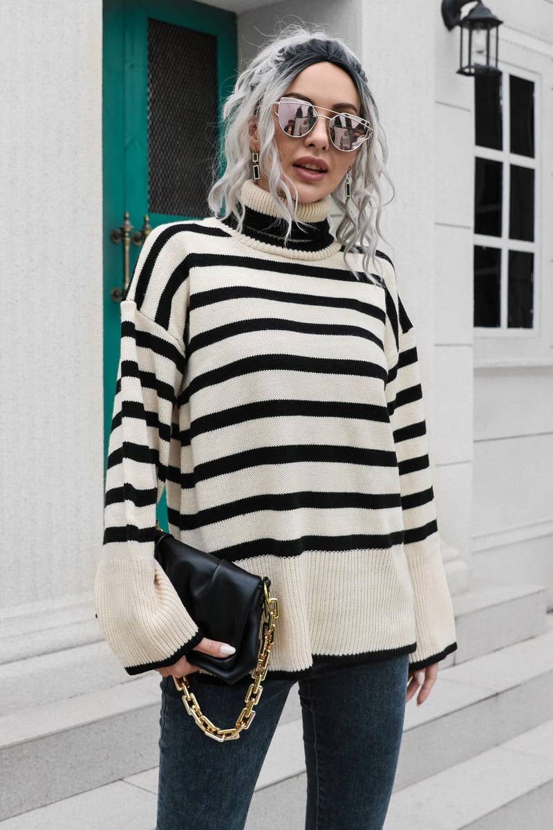 CWOSWL4082_STRIPED SIDE SLIT HIGH COLLAR MID-LENGTH SWEATER