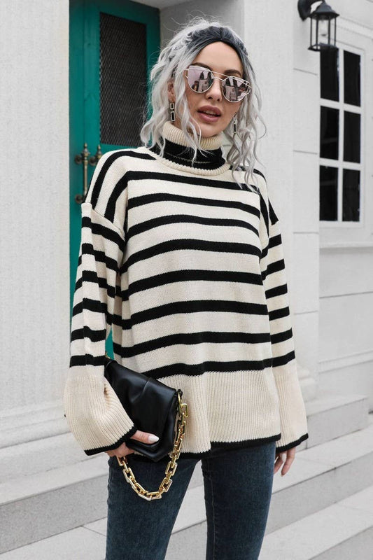 CWOSWL4082_STRIPED SIDE SLIT HIGH COLLAR MID-LENGTH SWEATER