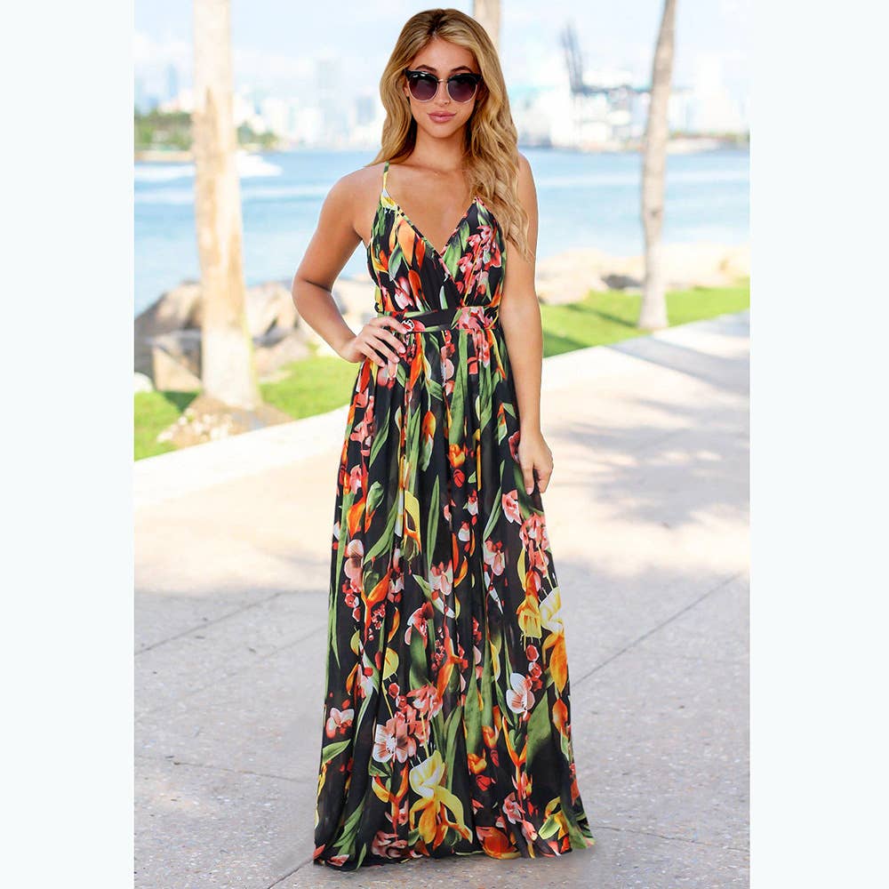 Bohemian Floral Print Spaghetti Strap Long Dress