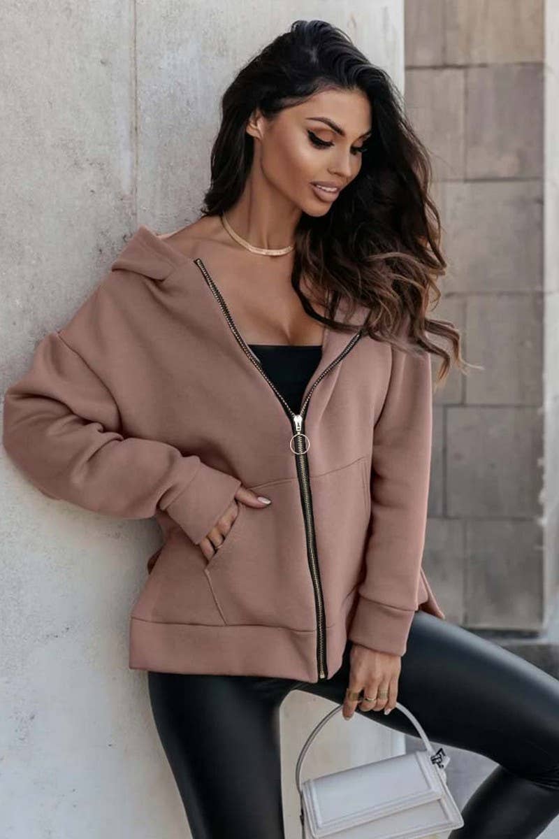 CWOCO00210_SOLID COLOR LOOSE HOODED ZIP-UP JACKET