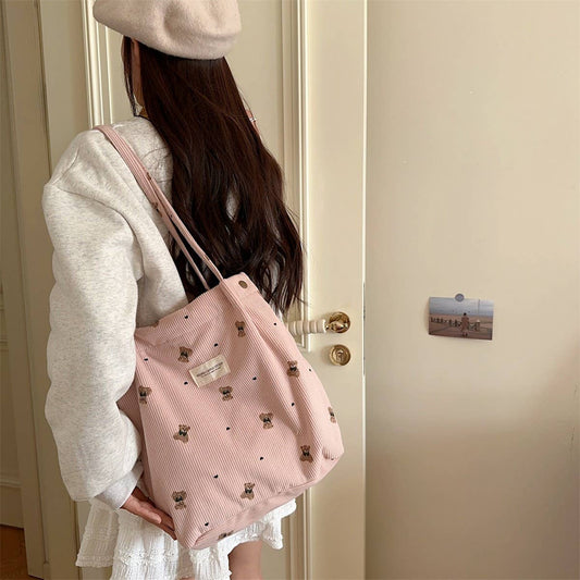 CWAB3901_CORDUROY BEAR PRINT SINGLE SHOULDER UNDERARM BAG