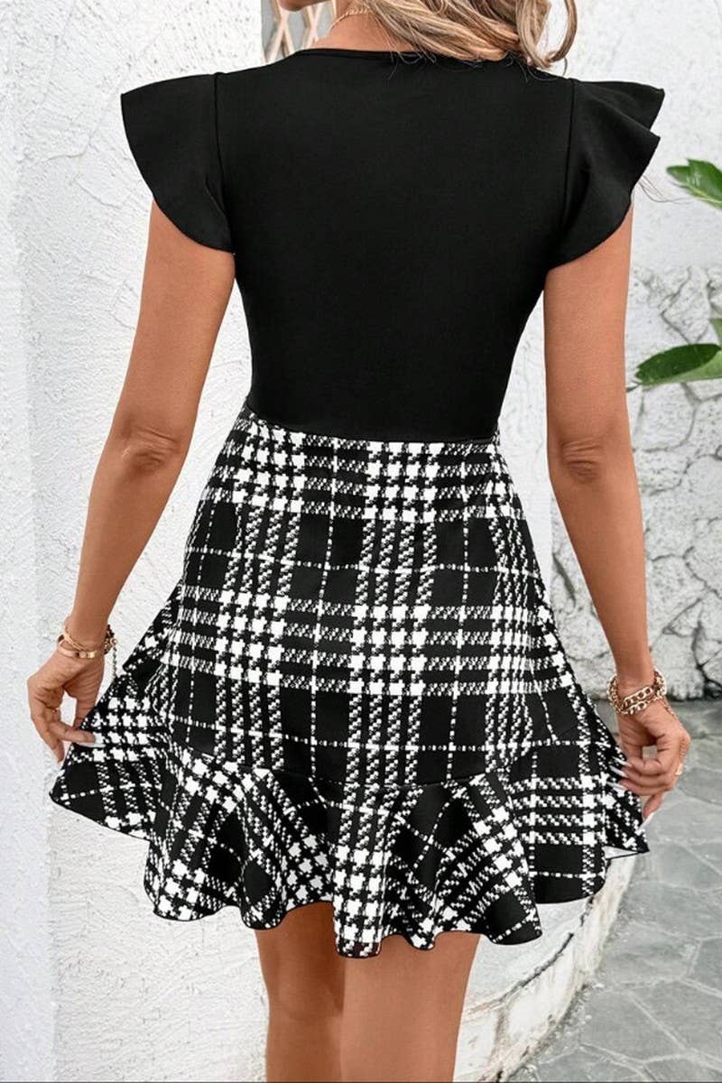 CWDSD8787_HIGH WAIST BLACK AND WHITE PLAID HIP FISHTAIL DRES