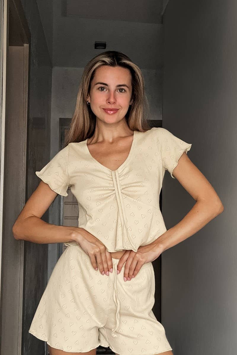 CWSPJ0202_DRAWSTRING SHORT-SLEEVED SHORTS HOME PAJAMAS SET