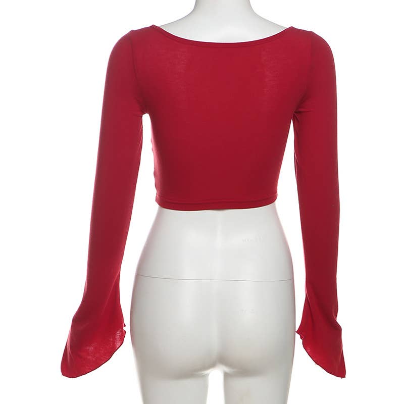 CROP SLEEVES DRAWSTRING PLEATS SOLID COLOR BLOUSE