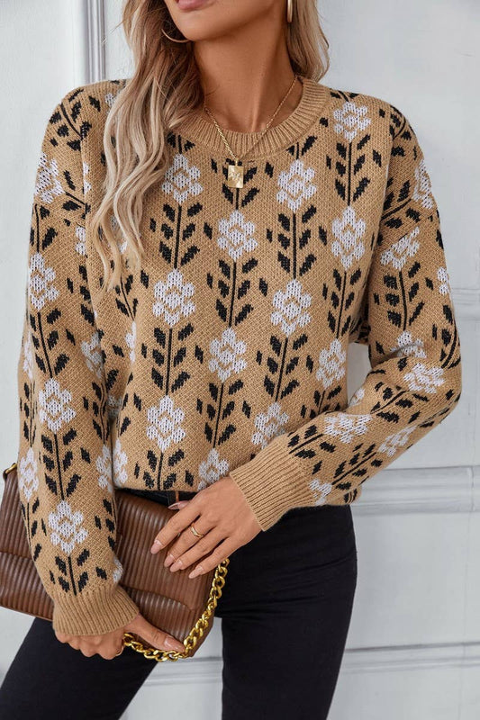 CWOSWL2927_FLORAL JACQUARD LONG-SLEEVED PULLOVER SWEATER