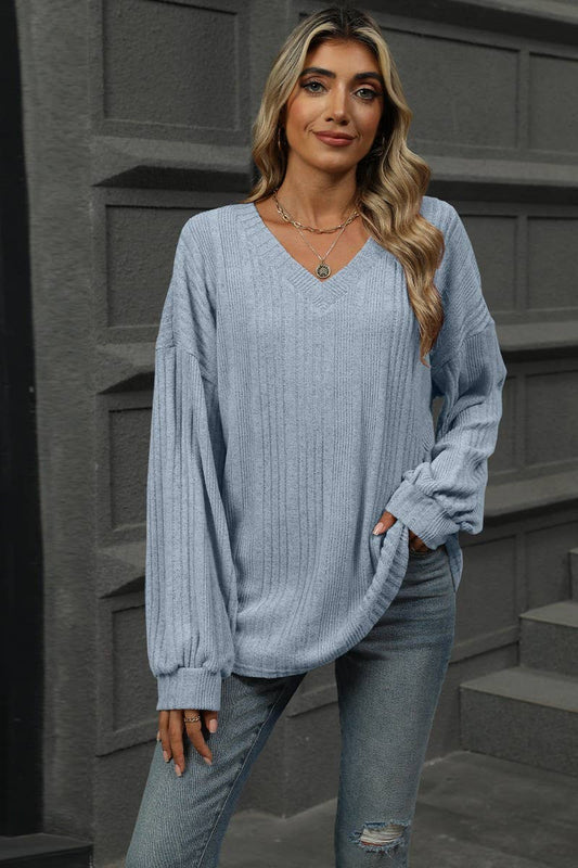 CWOSWL6852_SOLID COLOR V-NECK LOOSE CASUAL LONG-SLEEVED T-SH