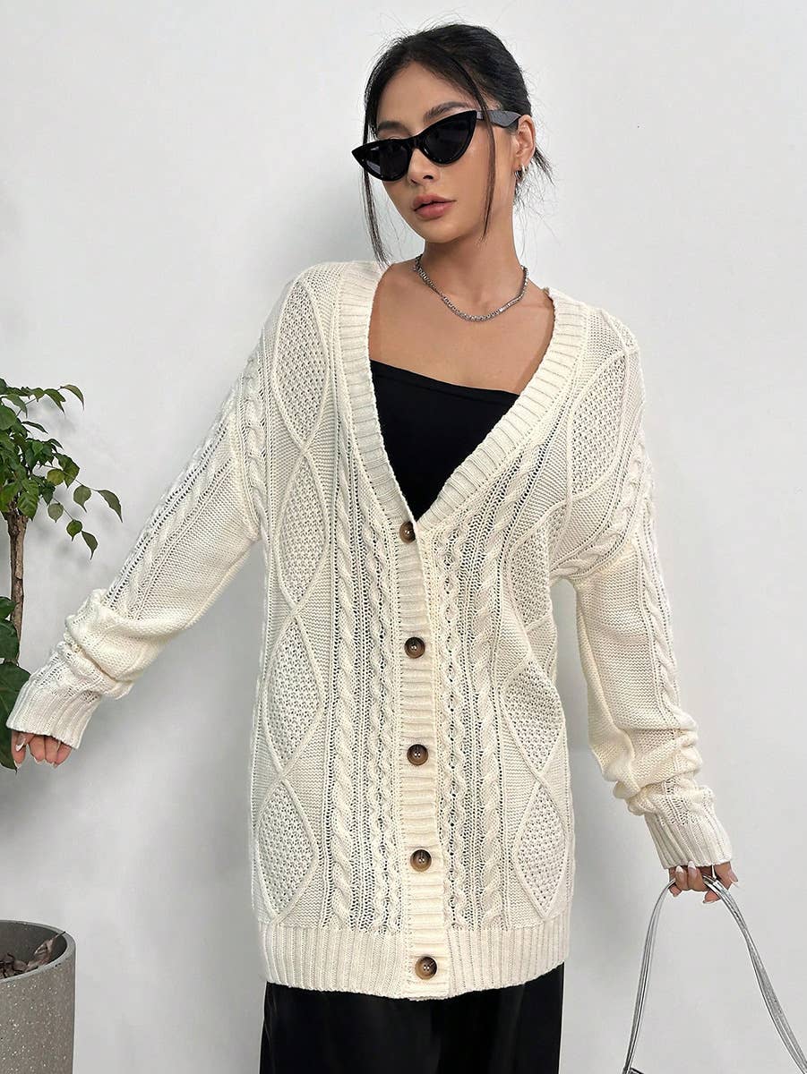 CASUAL LOOSE V-NECK MID-LENGTH KNIT CARDIGAN