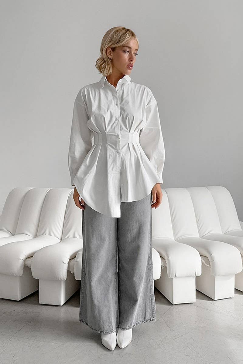 CWTSTL2592_WAISTED LONG-SLEEVED COMMUTER LONG SHIRT