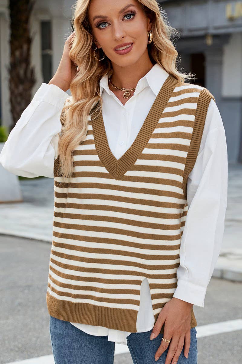 CWOV00139_CASUAL V-NECK SLIT WAISTCOAT KNITTED VEST