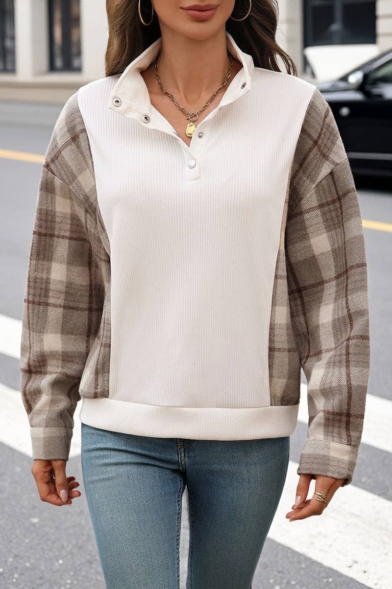 CWTBLL00738_VINTAGE HALF-PLACKET PLAID PATCHWORK SWEATSHIRT