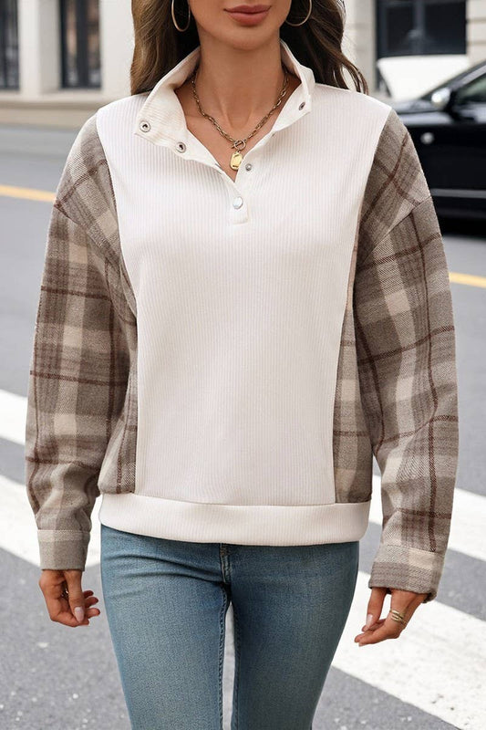 CWTBLL00738_VINTAGE HALF-PLACKET PLAID PATCHWORK SWEATSHIRT