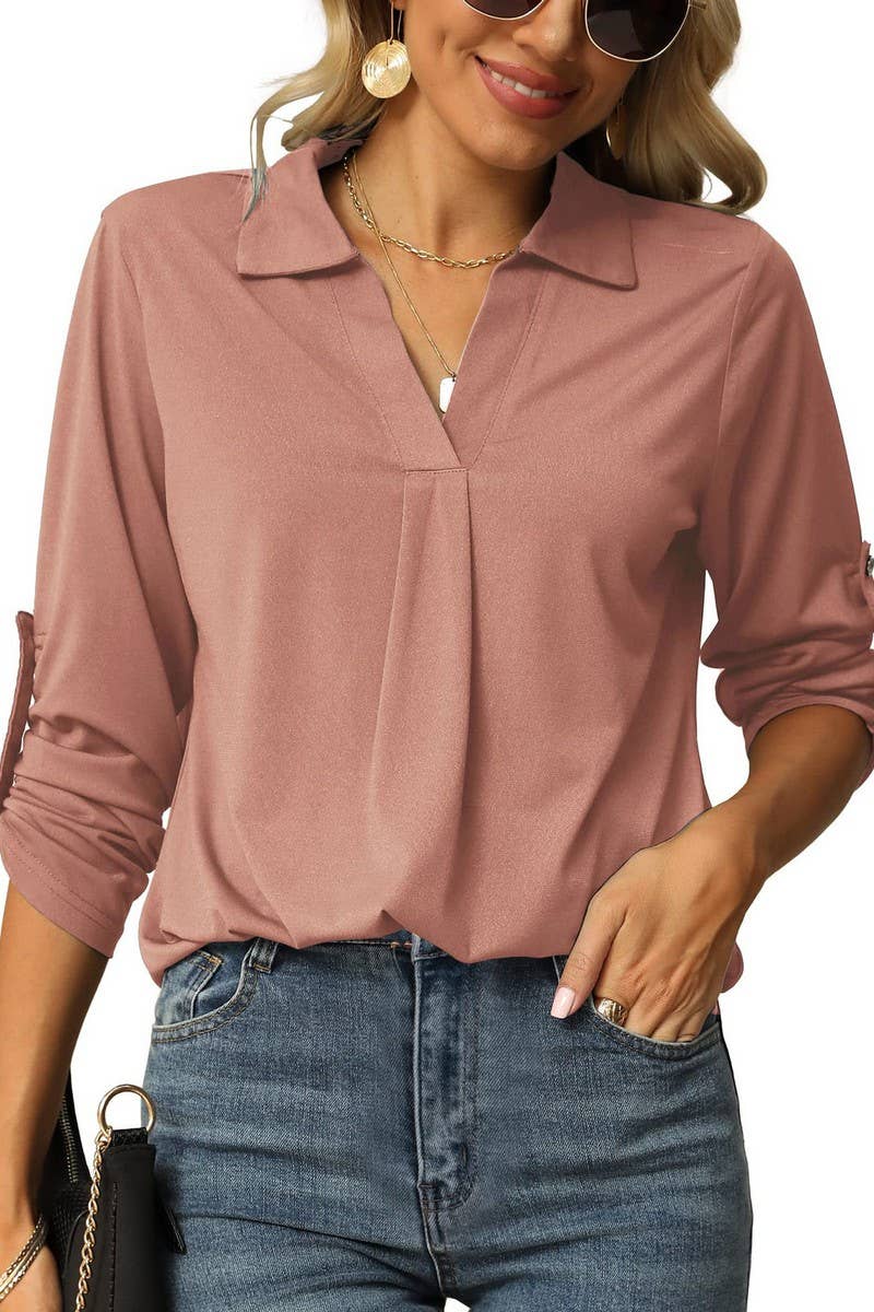 CWTBLL3627_AUTUMN ELASTIC V-NECK LONG-SLEEVED T-SHIRT TOP