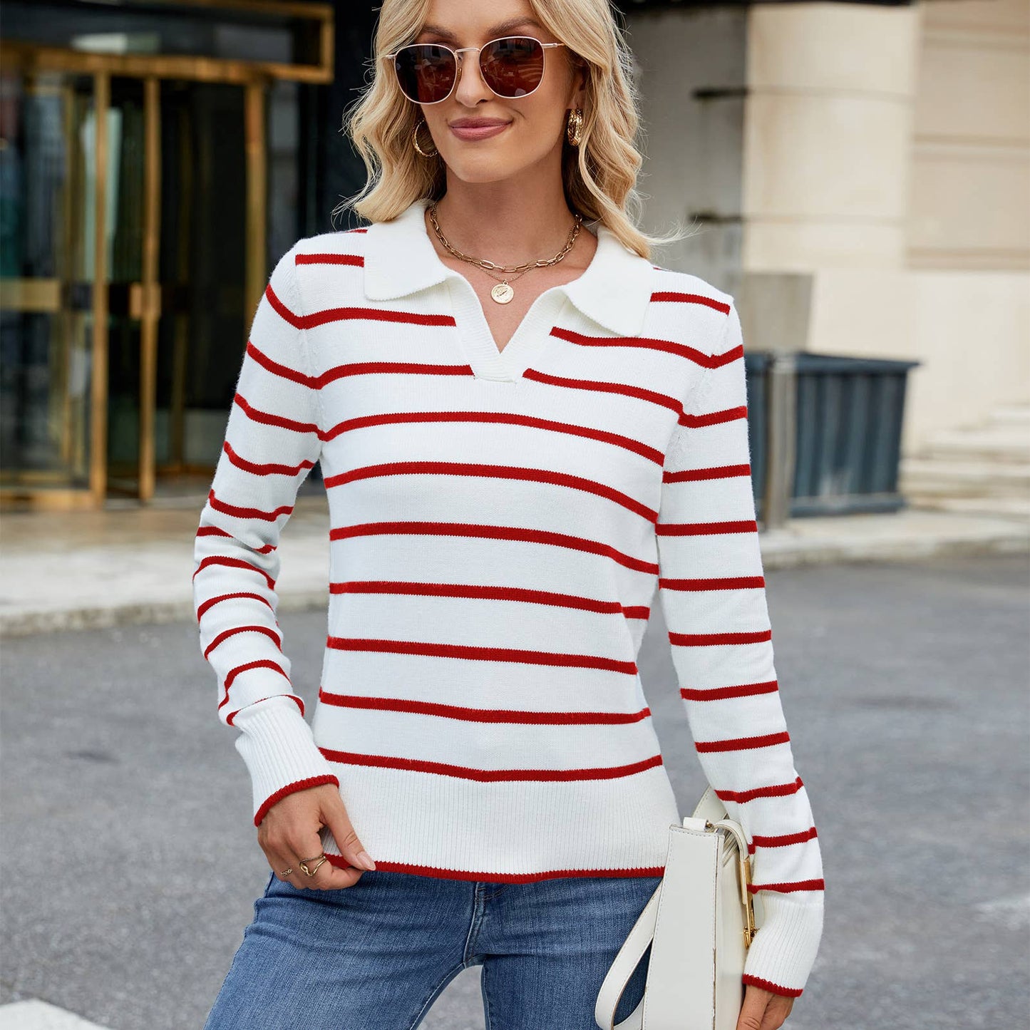 CASUAL COLOR STRIPED SWEATER WITH LAPEL NECK