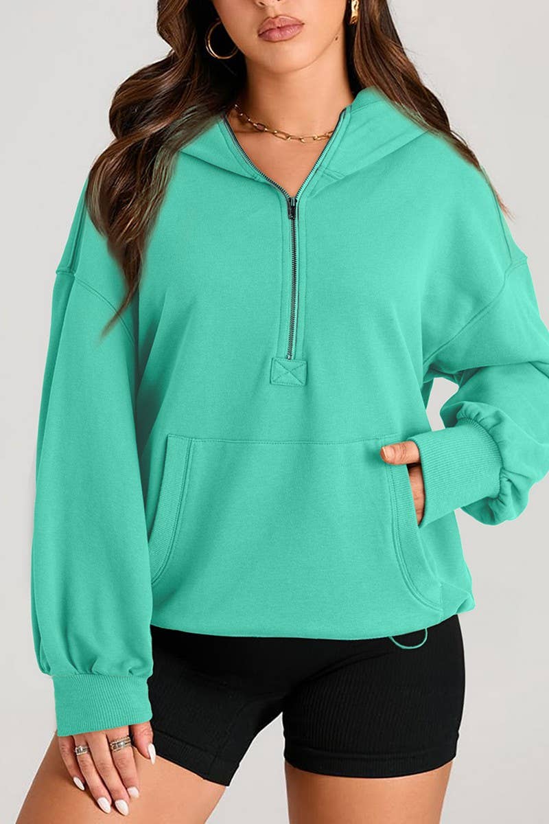 CWOHOL0935_SOLID COLOR HOODED ZIPPER POCKET SWEATSHIRT