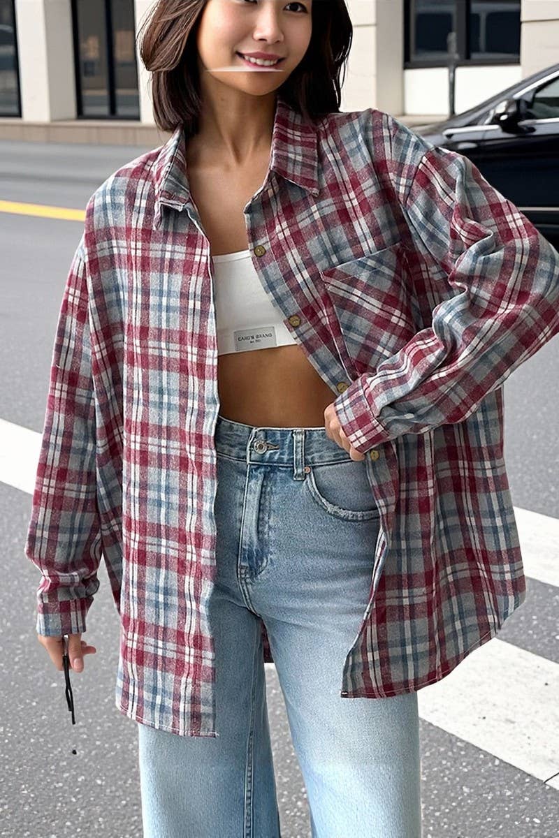 CWTBLL00597_LOOSE RETRO PLAID LONG SLEEVE SHIRT TOP