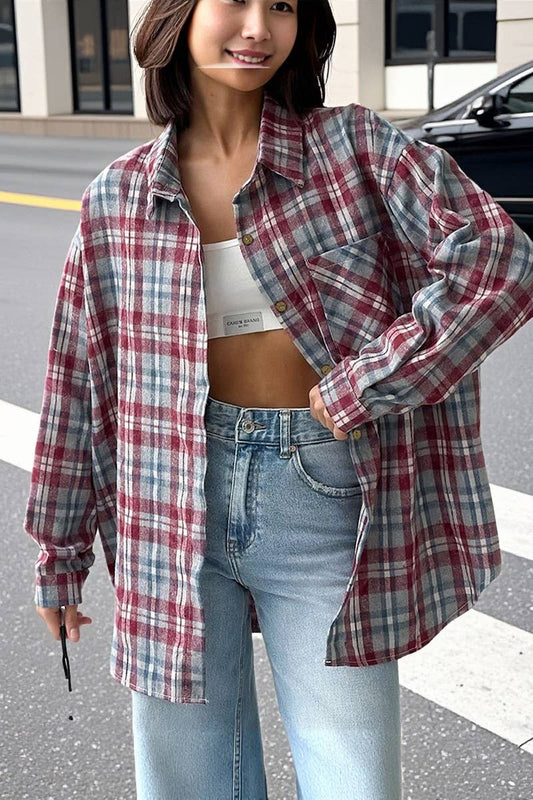 CWTBLL00597_LOOSE RETRO PLAID LONG SLEEVE SHIRT TOP