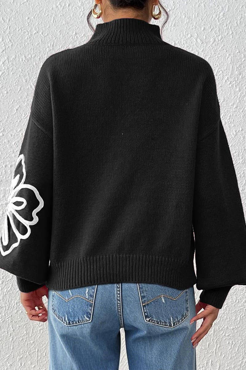 CWOSWL07331_WOMEN RIBBON EMBROIDERED LANTERN SLEEVE SWEATER