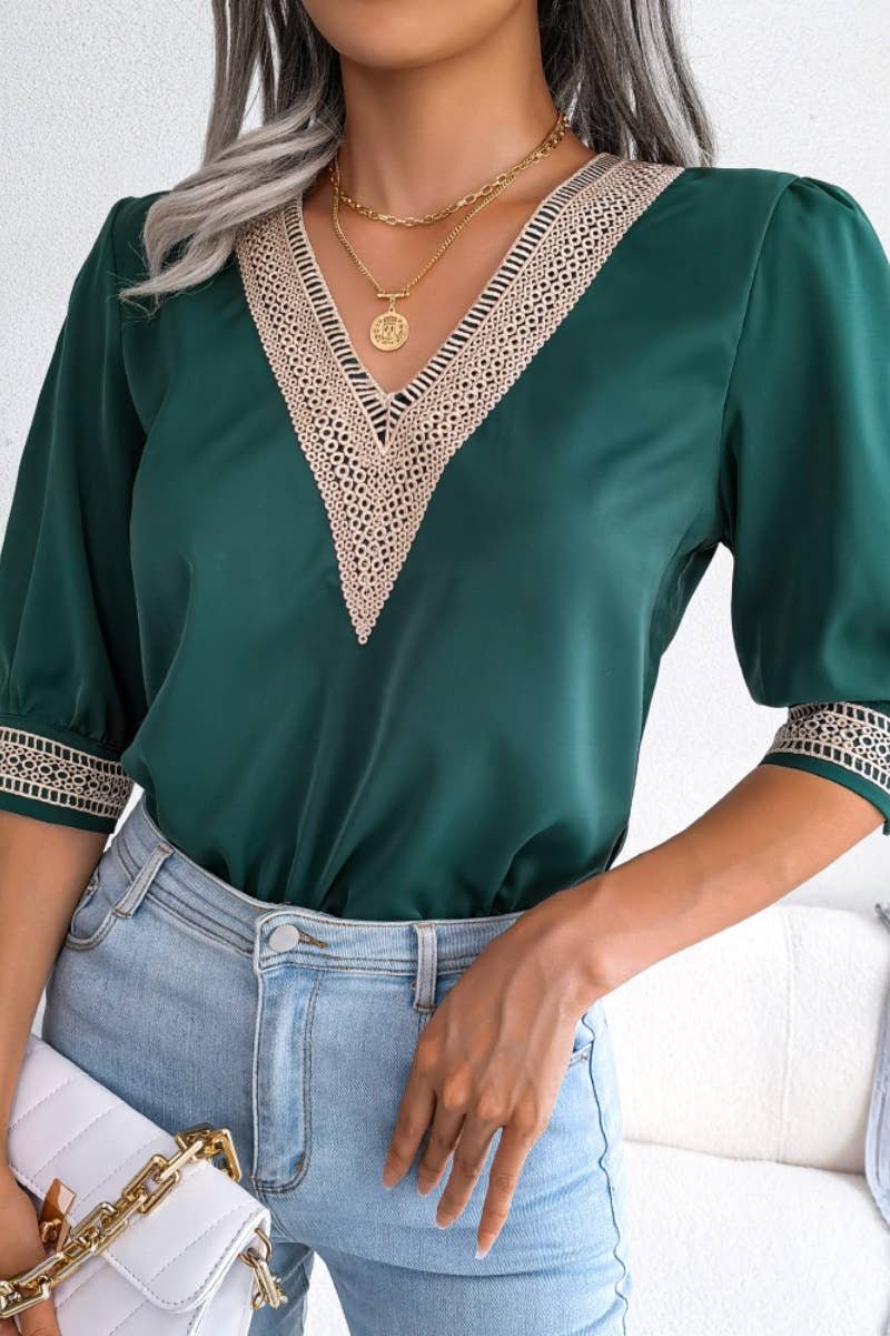 CWTBLS1064_SUMMER LACE V-NECK MID-SLEEVED CHIFFON TOP