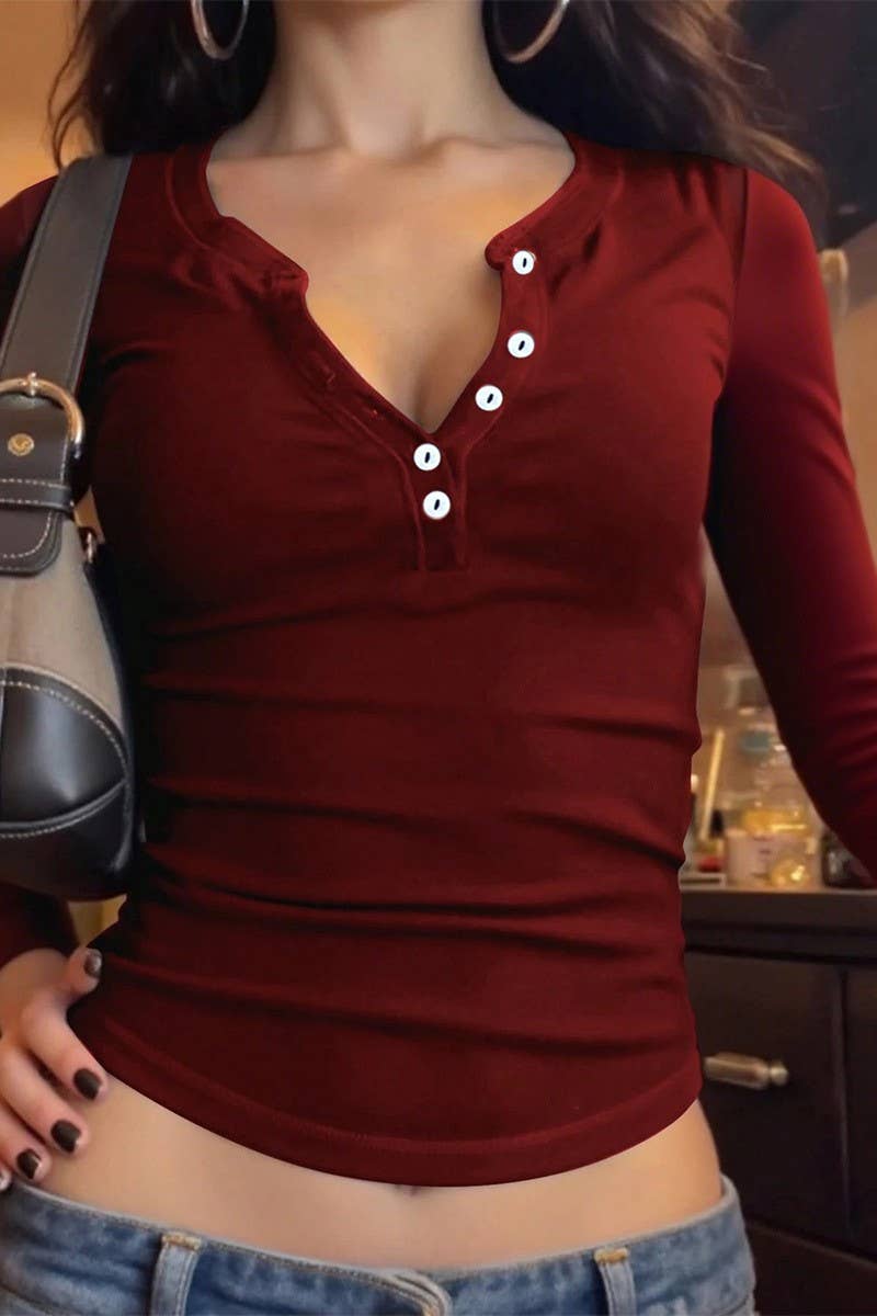 CWTBLL01053_SOLID COLOR BUTTON LONG-SLEEVED T-SHIRT