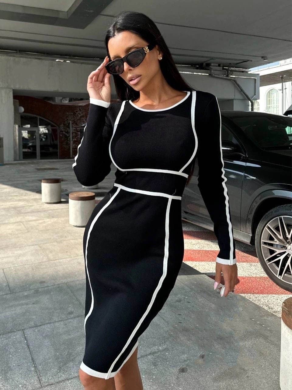 CREW NECK LONG SLEEVE PATCHWORK COLOR DRESS