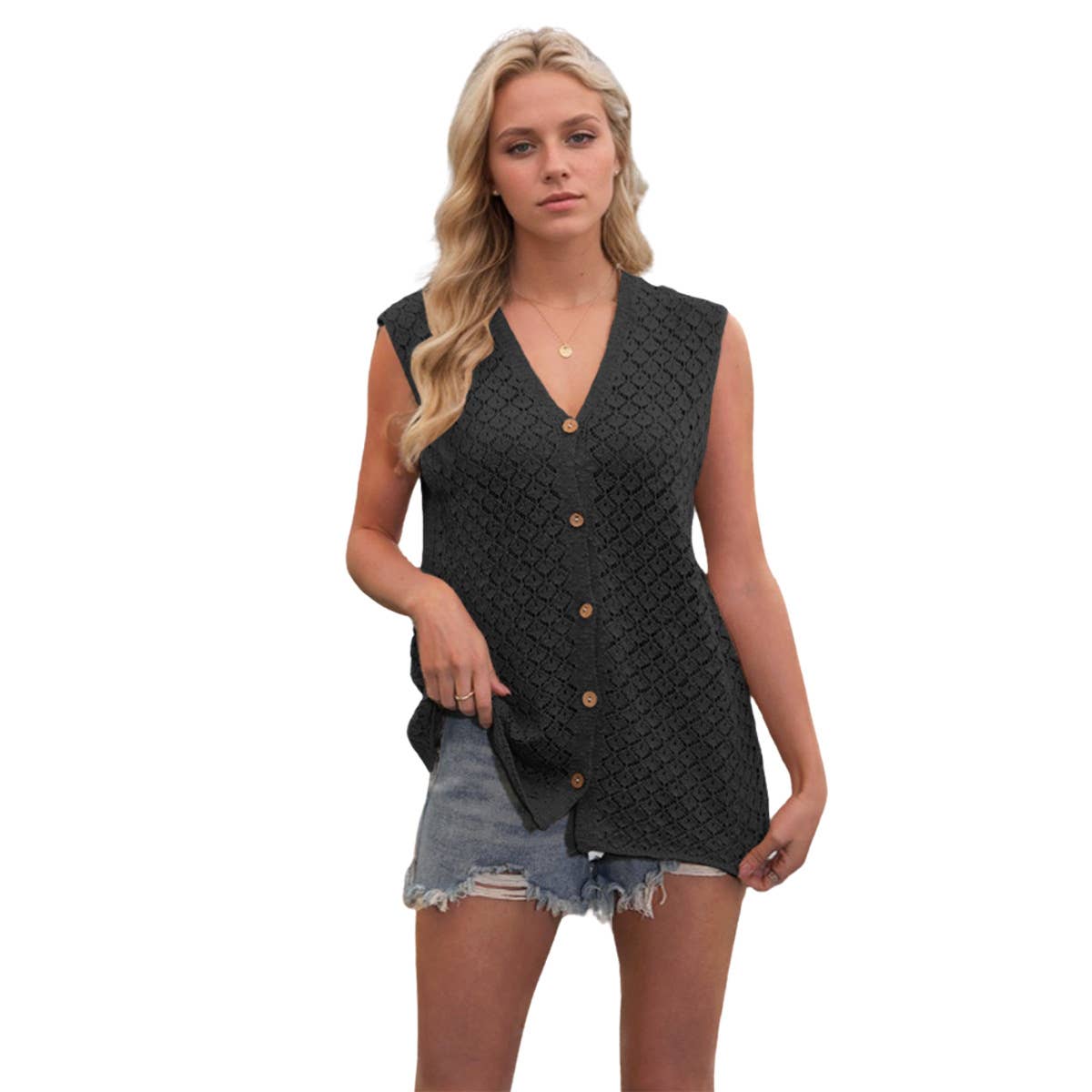 Casual V-neck button up sleeveless knit vest